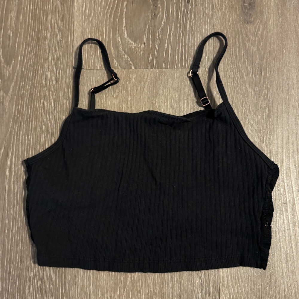 Aerie Beach Daze Lace Ribbed Bra Back Cami Crop Top Black Adjustable Straps